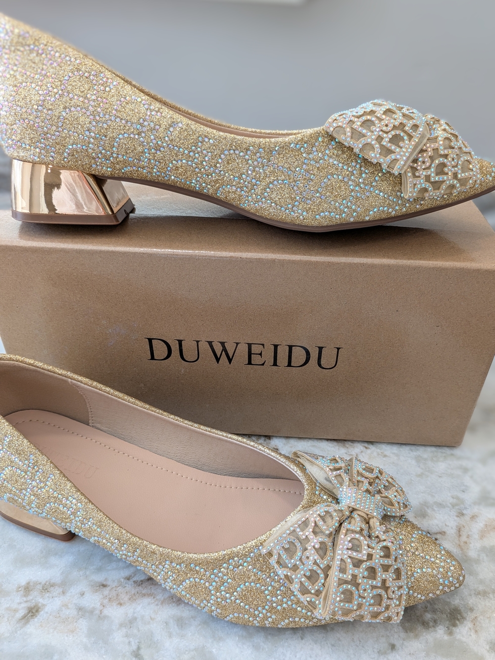Gold Crystal-Embellished Low Heel Pumps Size 9
